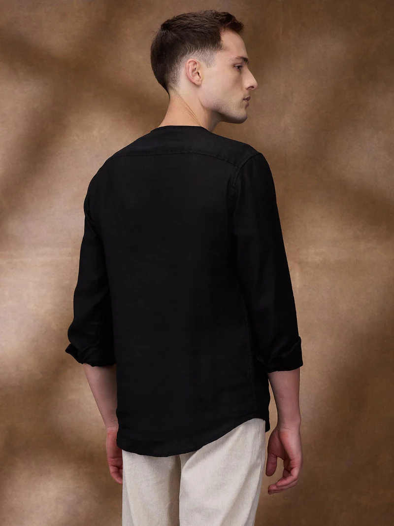 Black 100% Pure Linen Zippered Kurta