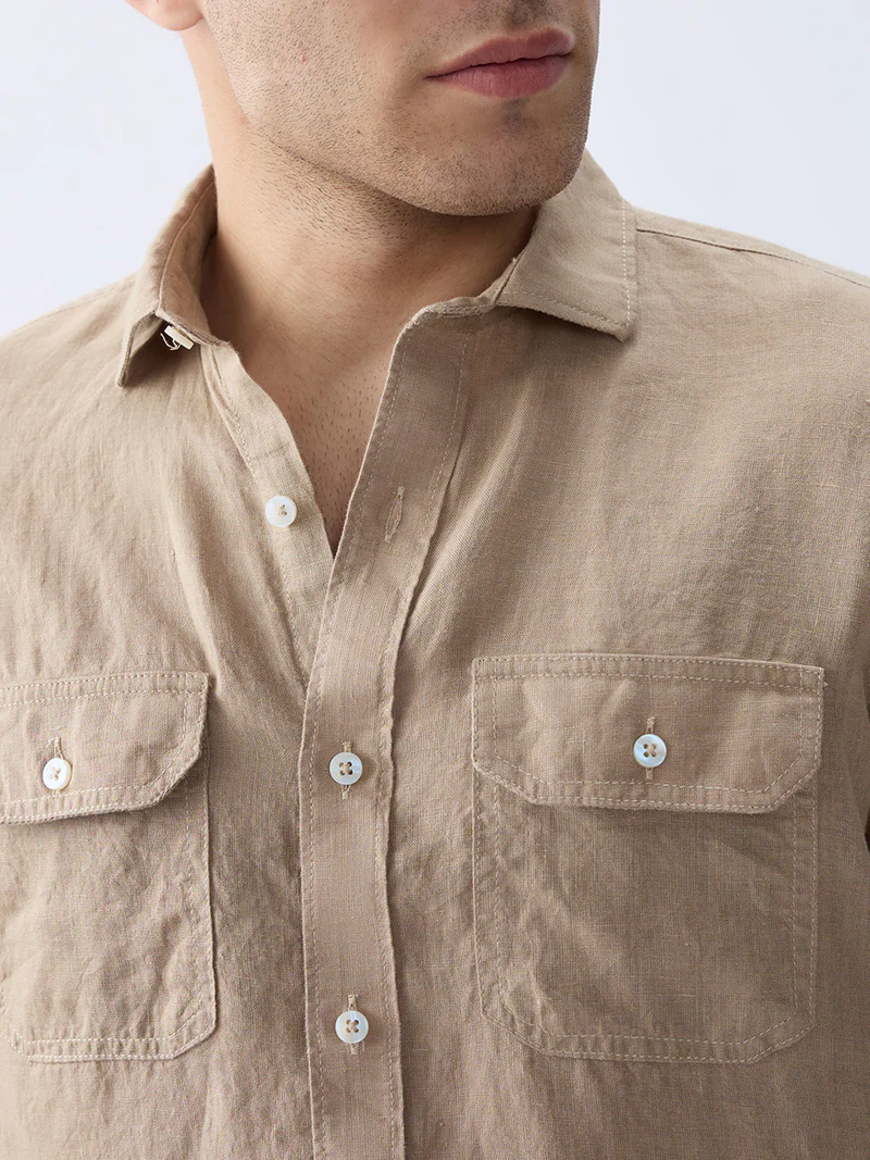 Earth Brown 100% Pure Linen Half Sleeve Safari