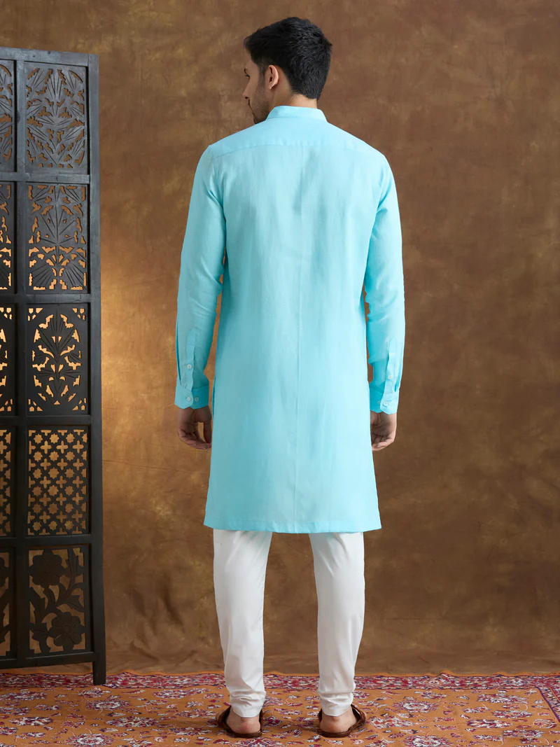 Kshetra | 100% Pure Linen Sky Blue Long Kurta