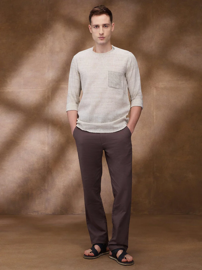 Beige 100% Pure Linen Zippered Kurta
