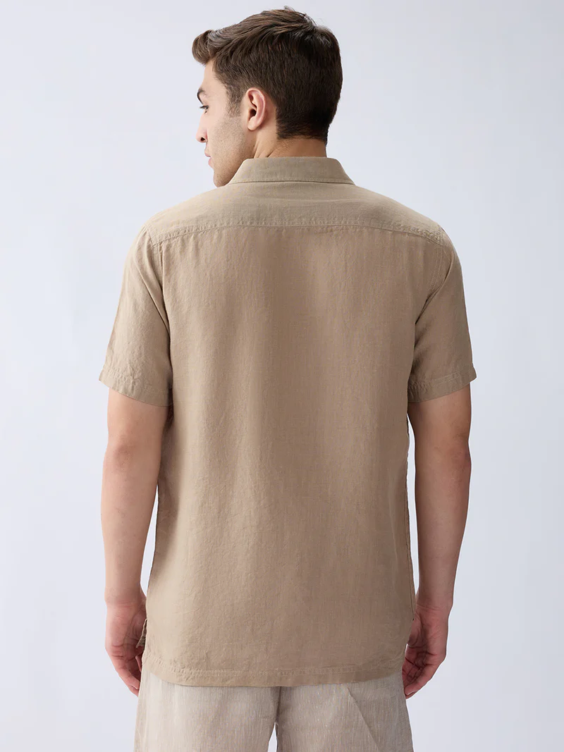 Earth Brown 100% Pure Linen Half Sleeve Safari