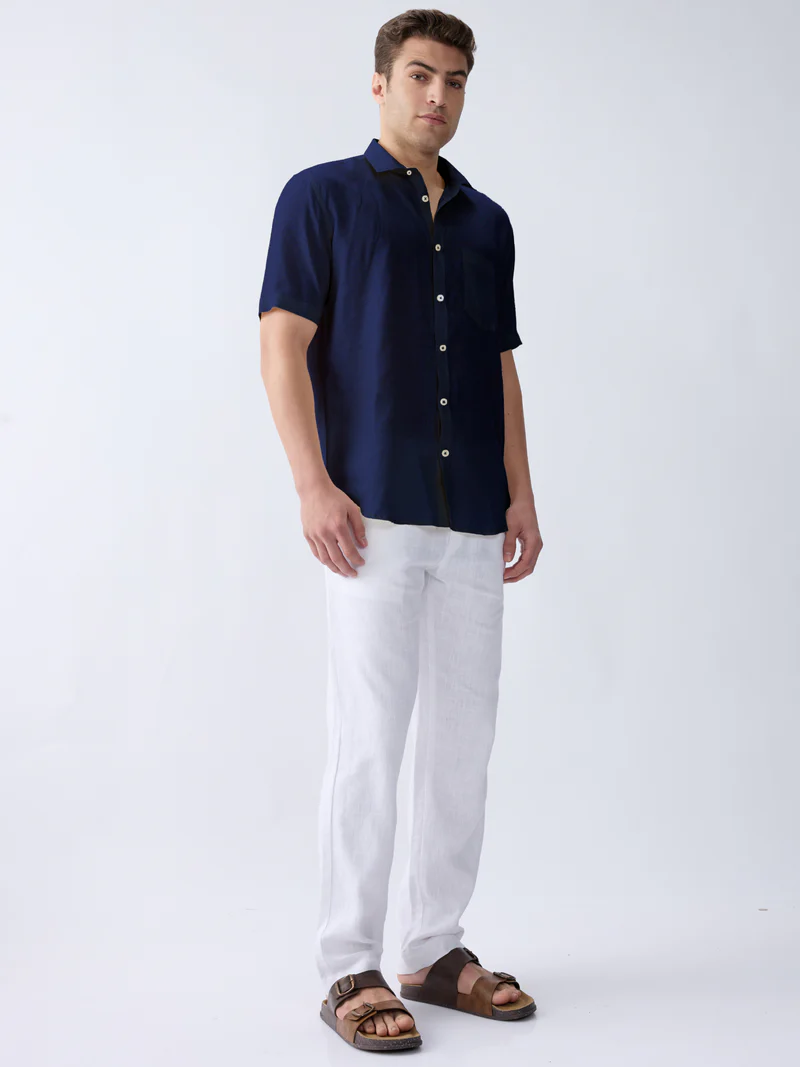 Navy 100% Pure Linen Half Sleeve
