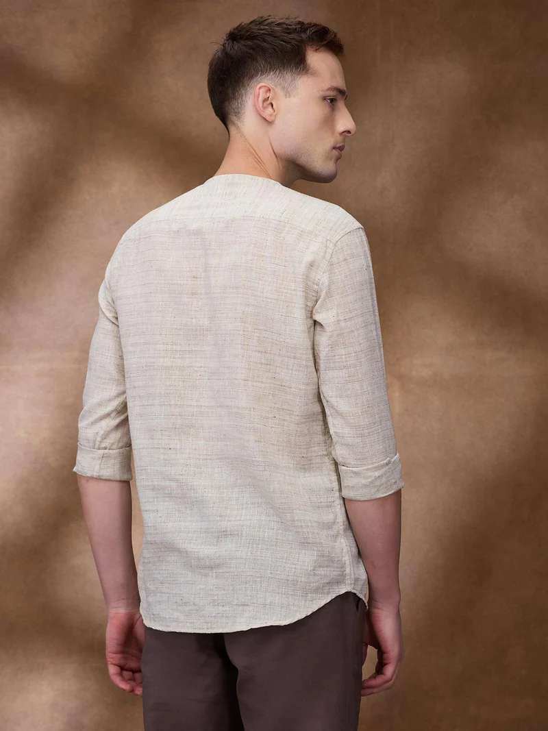 Beige 100% Pure Linen Zippered Kurta