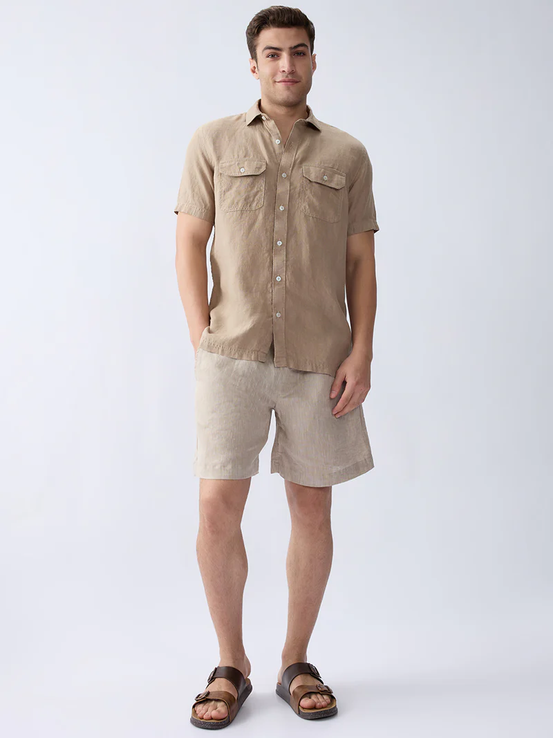 Earth Brown 100% Pure Linen Half Sleeve Safari