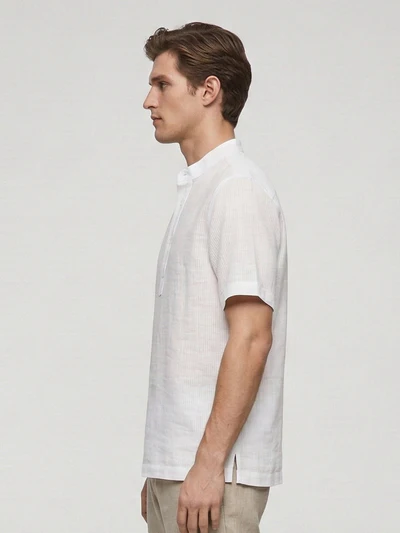 White Self Striped 100% Pure Linen Mandarin