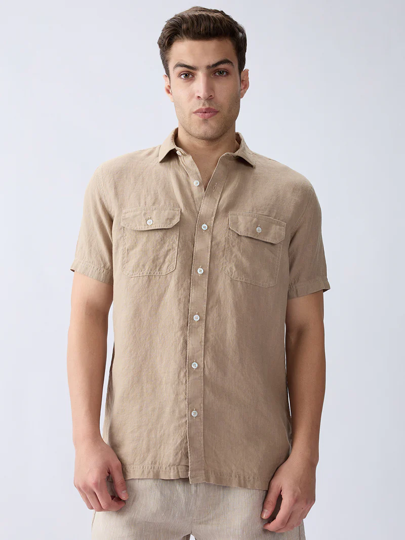 Earth Brown 100% Pure Linen Half Sleeve Safari