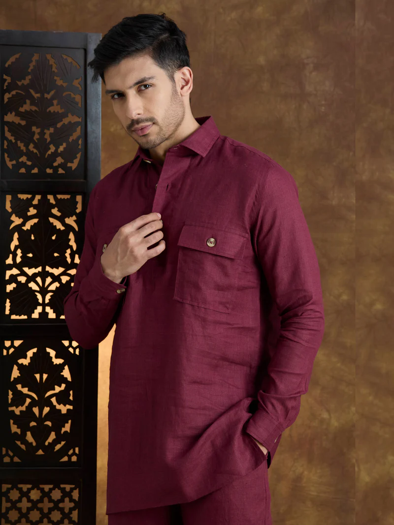 Arka | 100% Pure Linen Maroon Kurta Set