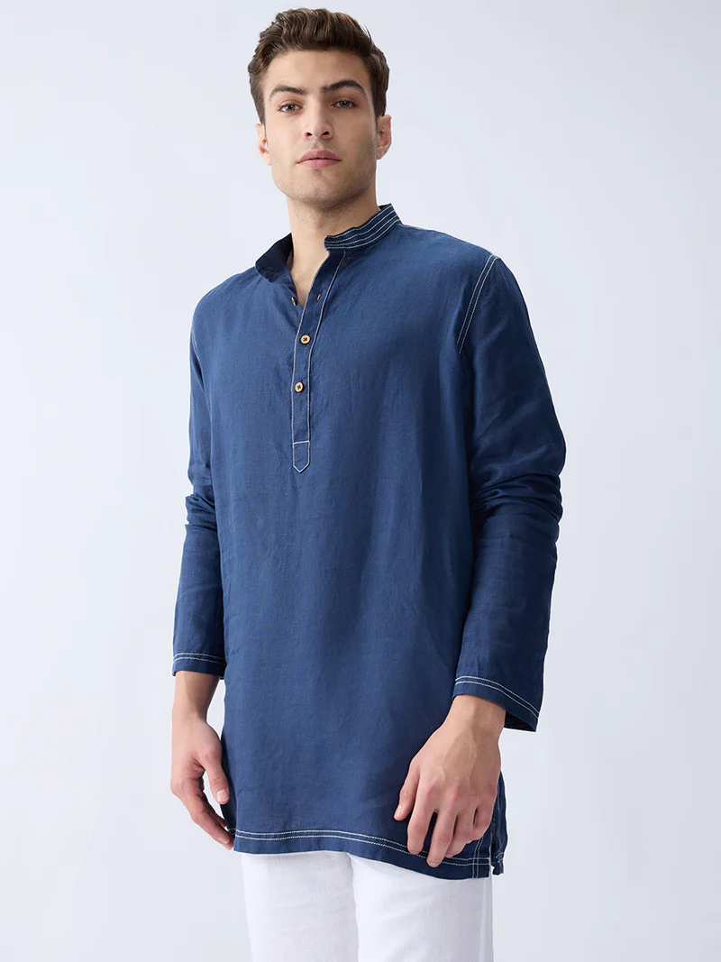 Mriga Navy | 100% Pure Linen Mid-Length Kurta