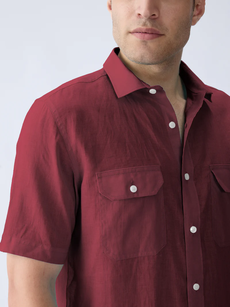 Mulberry Maroon 100% Pure Linen Half Sleeve Safari