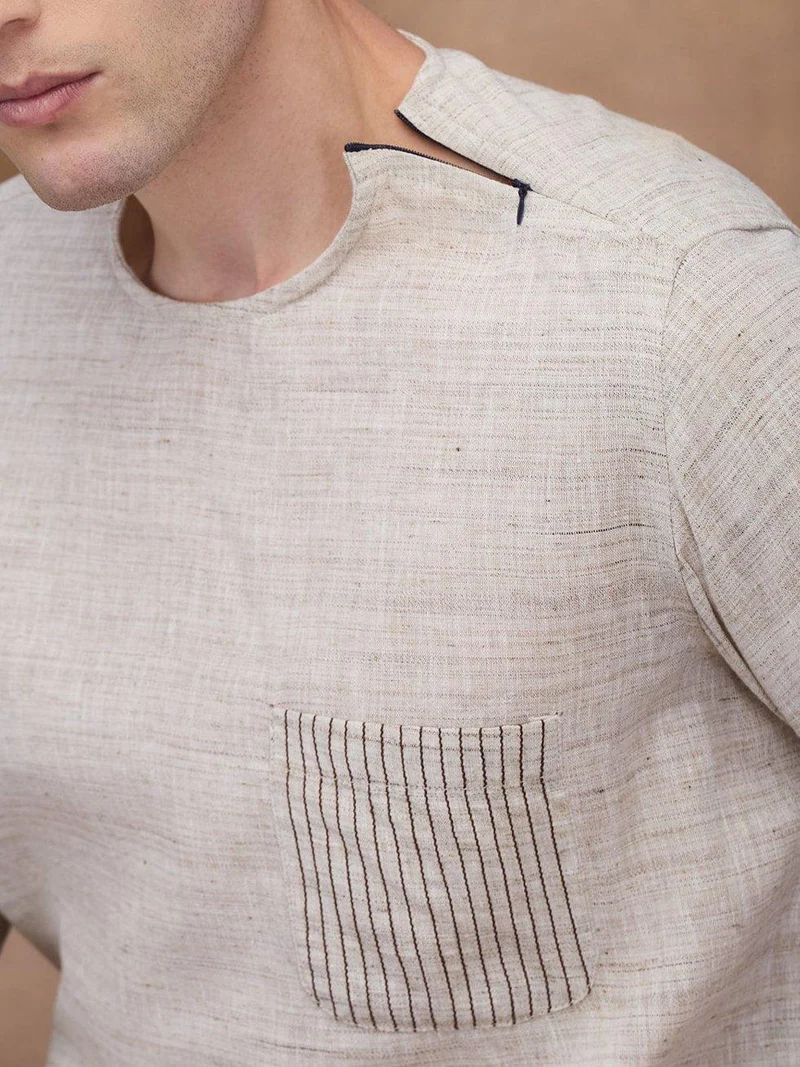Beige 100% Pure Linen Zippered Kurta