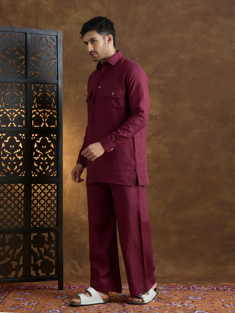 Arka | 100% Pure Linen Maroon Kurta Set