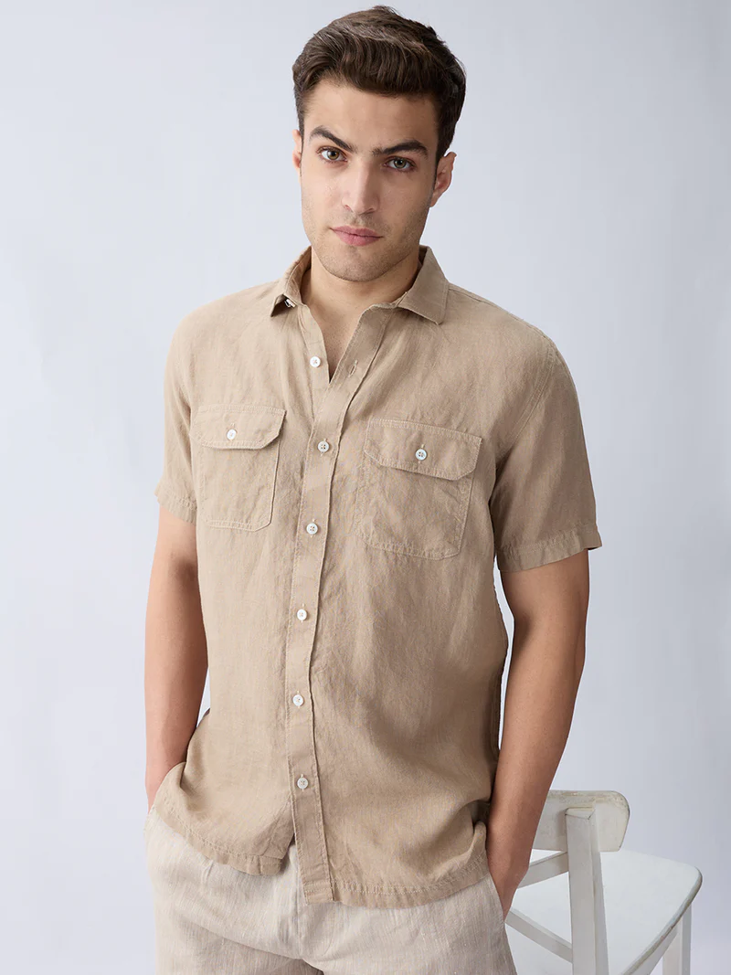 Earth Brown 100% Pure Linen Half Sleeve Safari