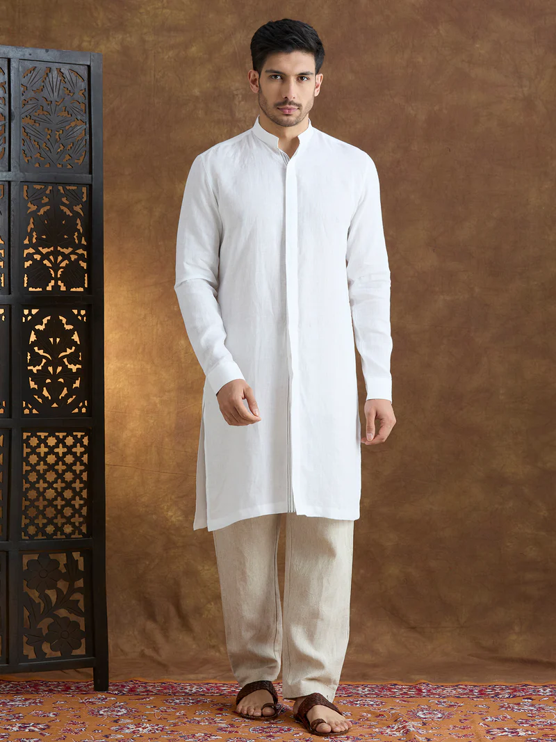 Kshetra | 100% Pure Linen White Long Kurta