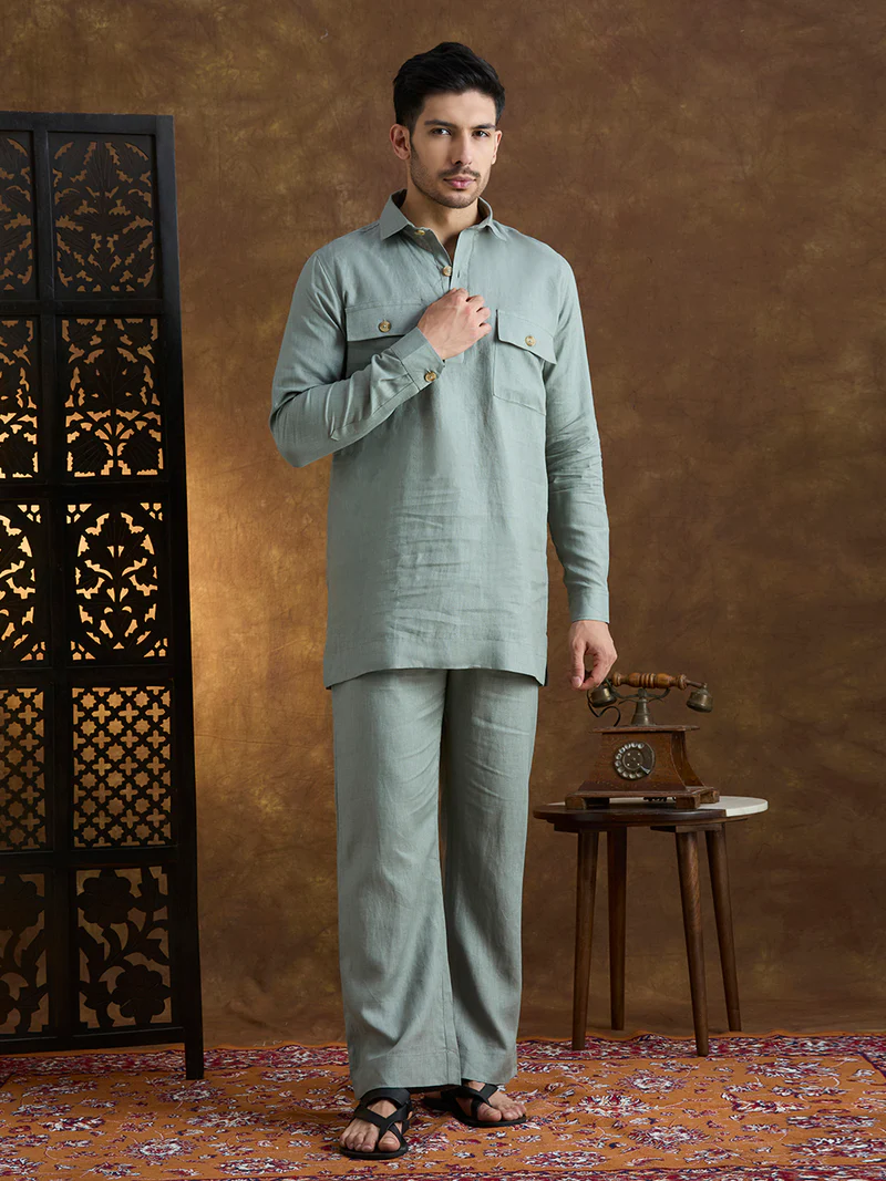 Arka | 100% Pure Linen Green Kurta Set