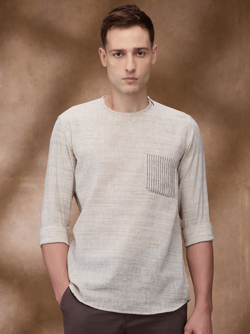 Beige 100% Pure Linen Zippered Kurta