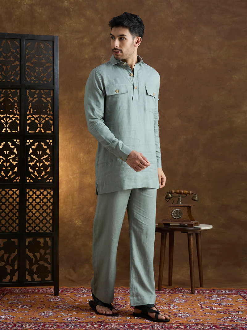 Arka | 100% Pure Linen Green Kurta Set