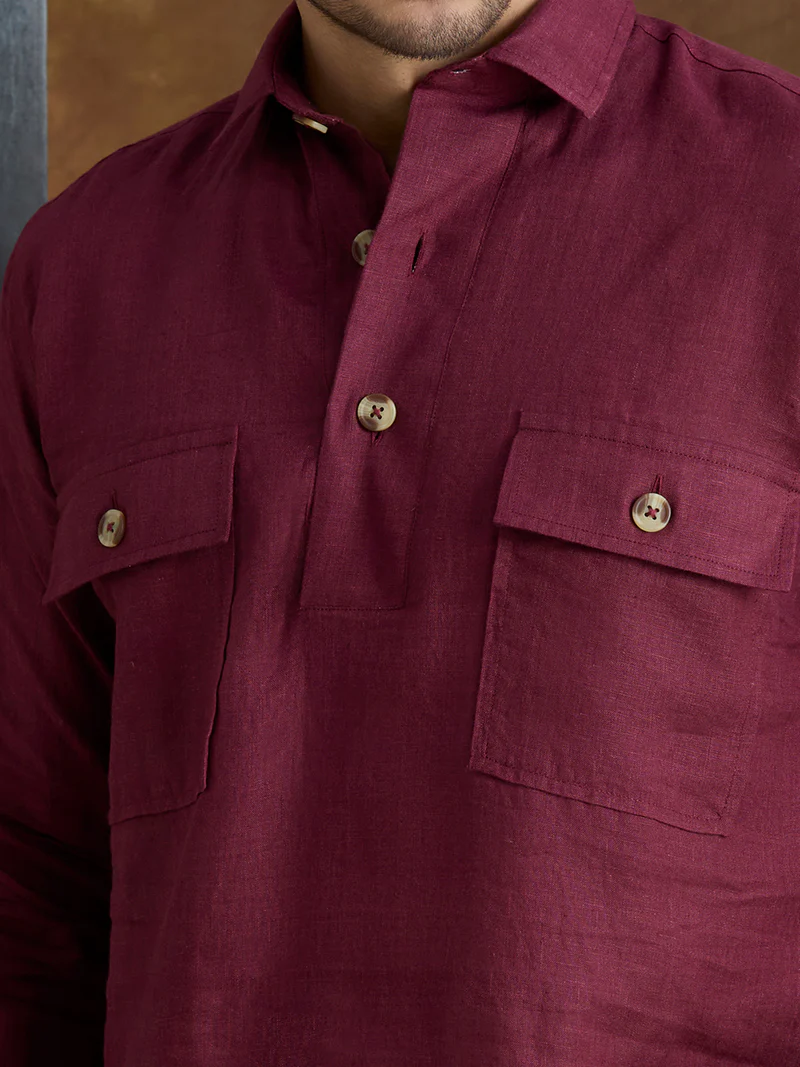 Arka | 100% Pure Linen Maroon Kurta Set