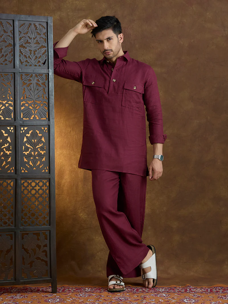 Arka | 100% Pure Linen Maroon Kurta Set